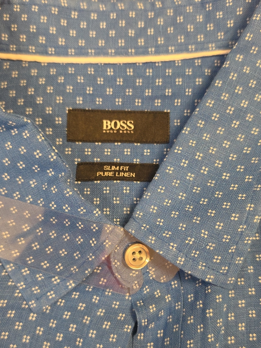 BOSS Blue Linen Slim Fit Shirt with White Micro-Dot Pattern